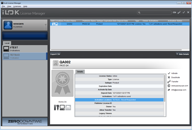 Image of iLok License Manager- Reset requested in the detail view