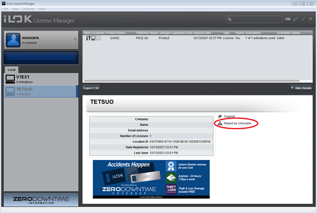 Image of iLok License Manager- Report as unusable circled